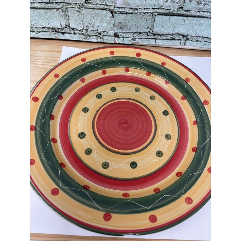 Royal Norfolk Scalloped Dinner Plate Red Green Dots Yellow Stripes 10.5” Notched